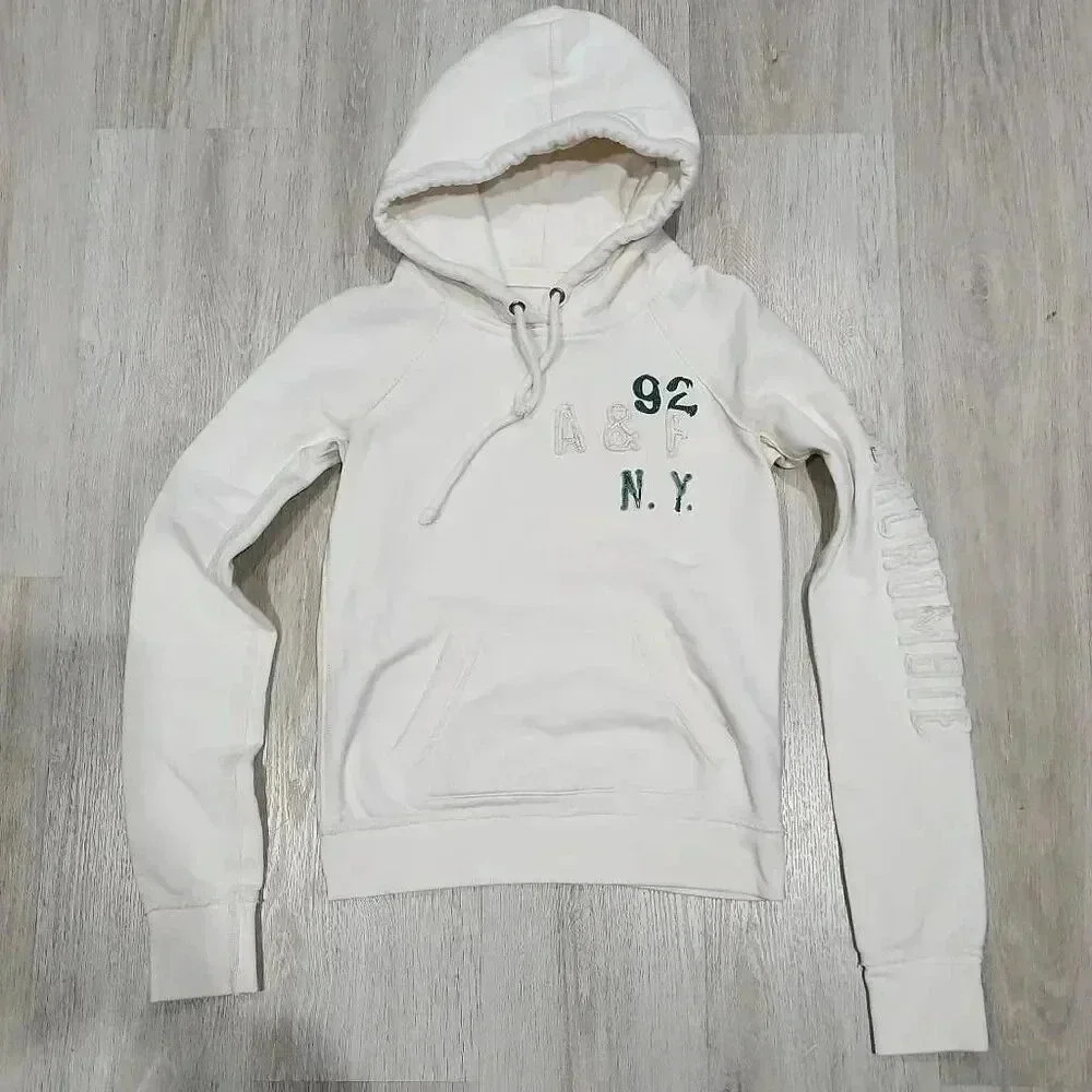 Abercrombie & Fitch Women's Graphic Long Sleeve Pullover Hoodie Cream Medium